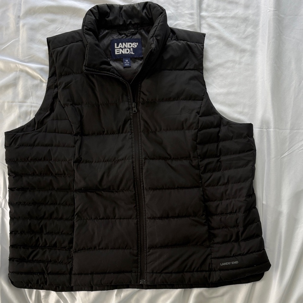 Lands' End Women’s Black Quilted Puffer Vest with Stand Collar